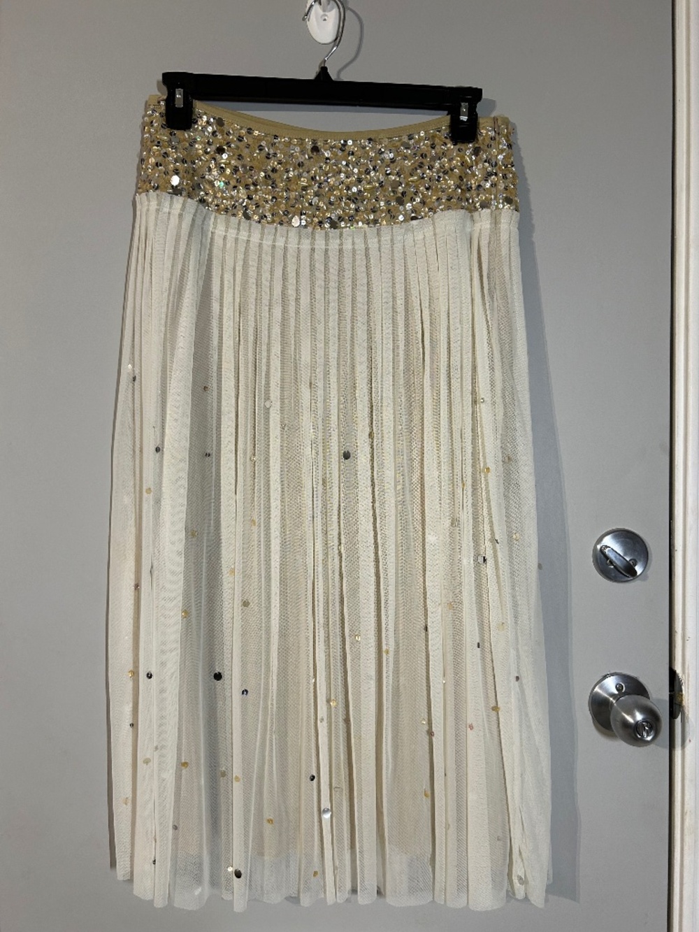 Basil & Maude cream sheer mesh skirt, gold sequins + beaded waist